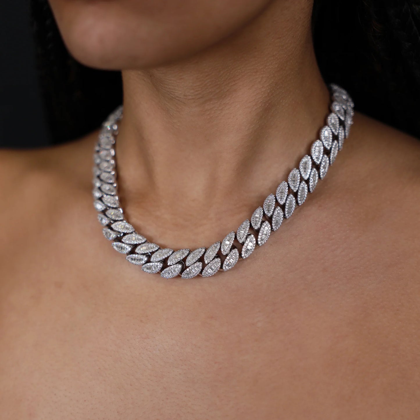 16mm Oval Baguette Cuban Link Chain (Silver)