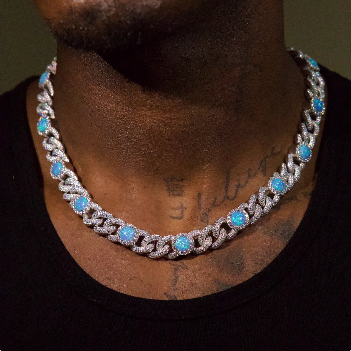 14mm Opal Cuban Link Chain (Silver)