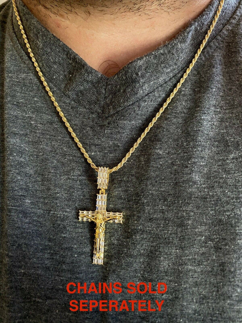 14k Gold Over 925 Sterling Silver Cross W. Jesus Pendant Baguette Iced Diamond