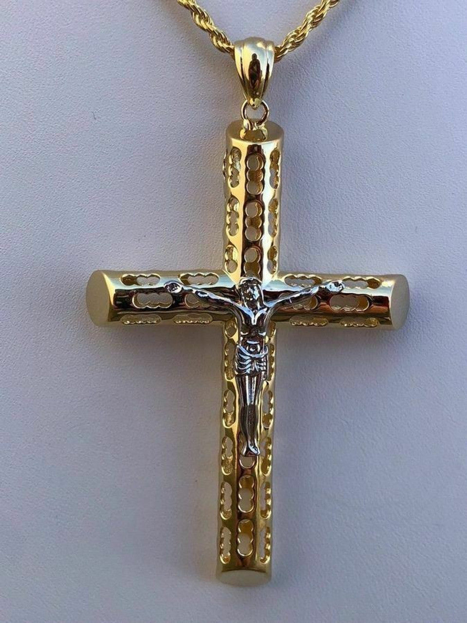 14k Gold Over Real Solid 925 Silver Cross Jesus Piece 4 Sizes Mens Ladies ITALY