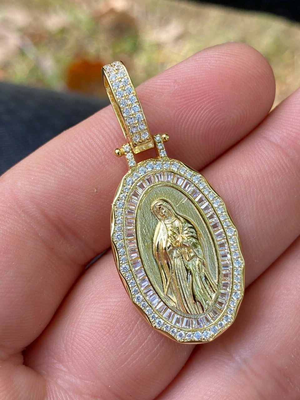 14k Gold Real 925 Sterling Silver Virgin Mary Necklace Pendant Iced Medallion