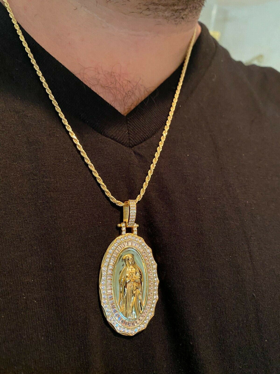14k Gold Real 925 Sterling Silver Virgin Mary Necklace Pendant Iced Medallion