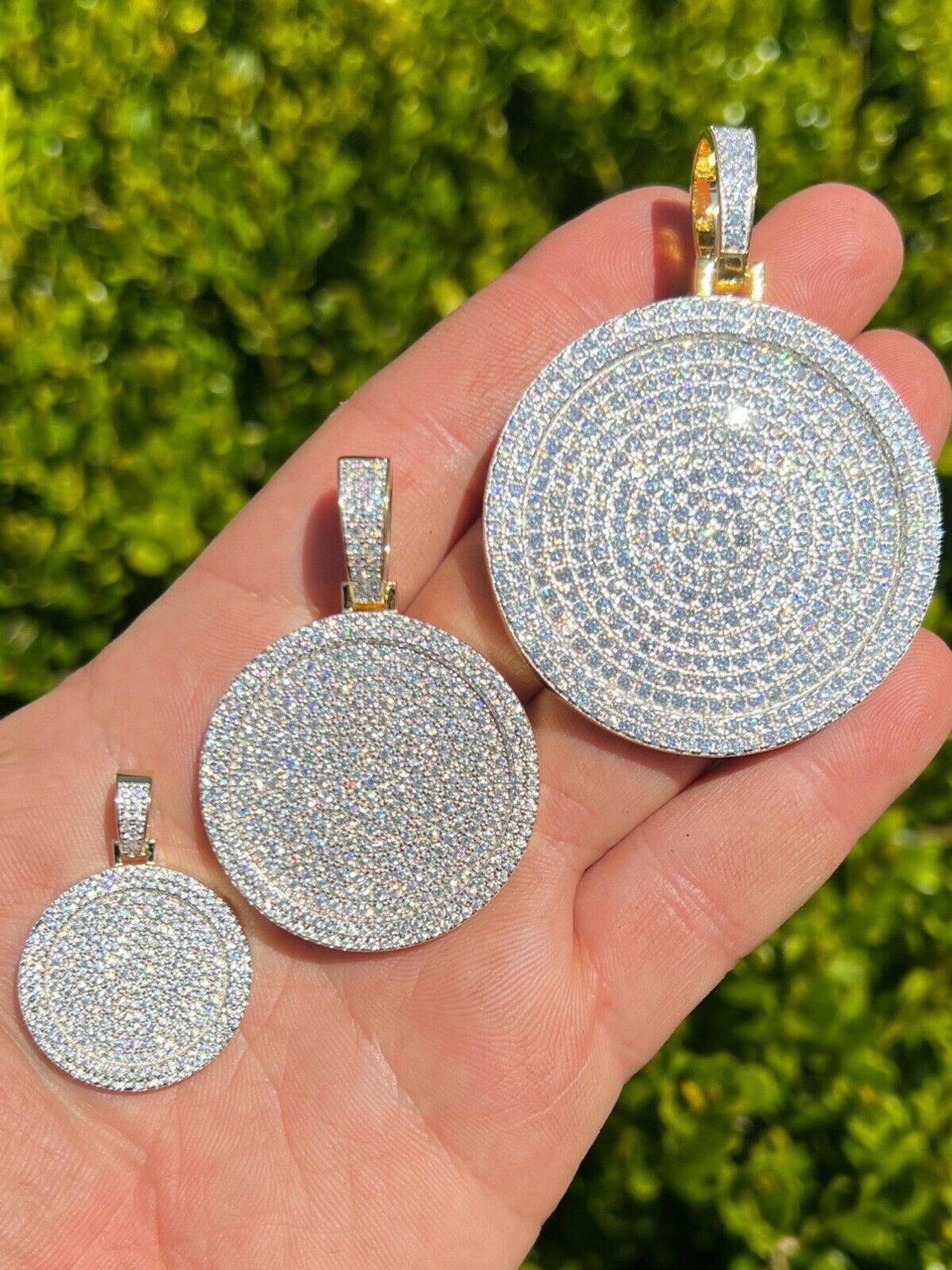 14k Gold Vermeil 925 Silver Out Iced Round Hip Hop Medallion Pendant Necklace