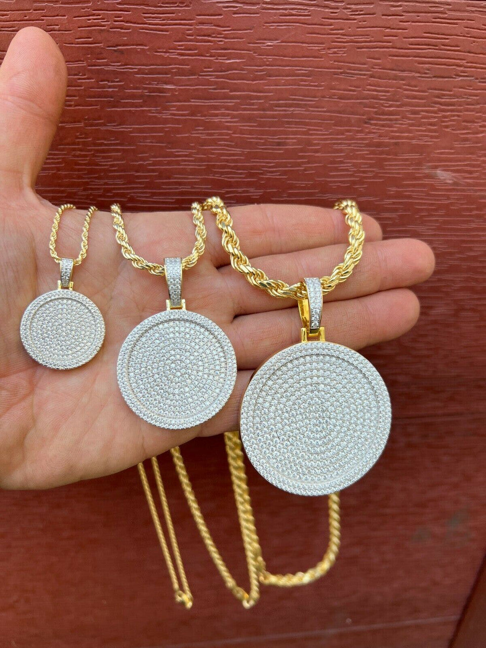 14k Gold Vermeil 925 Silver Out Iced Round Hip Hop Medallion Pendant Necklace