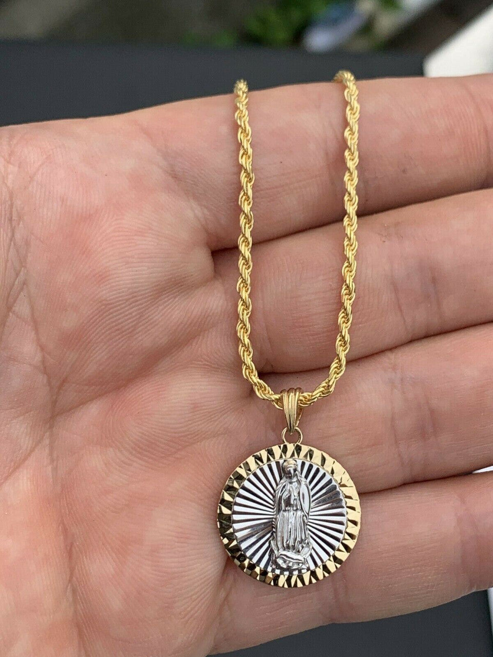 14k Yellow Gold Over 925 Sterling Silver Virgin Mary Guadalupe Medallion Pendant