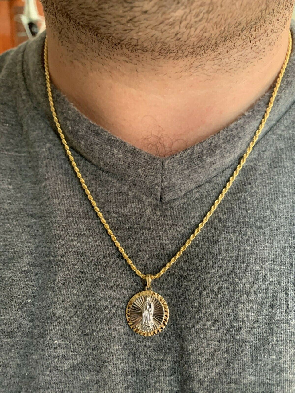 14k Yellow Gold Over 925 Sterling Silver Virgin Mary Guadalupe Medallion Pendant
