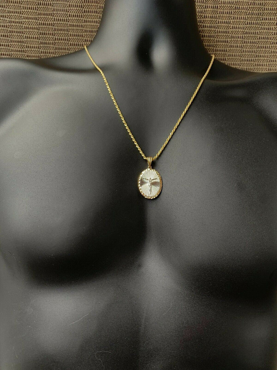 14k Yellow Gold & 925 Sterling Silver Jesus Medallion Pendant Diamond Cut ITALY