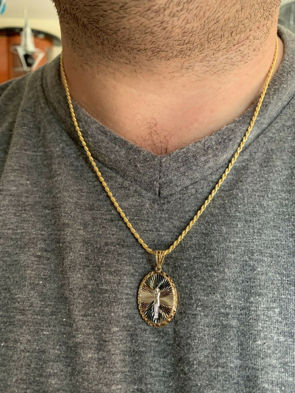 14k Yellow Gold & 925 Sterling Silver Jesus Medallion Pendant Diamond Cut ITALY