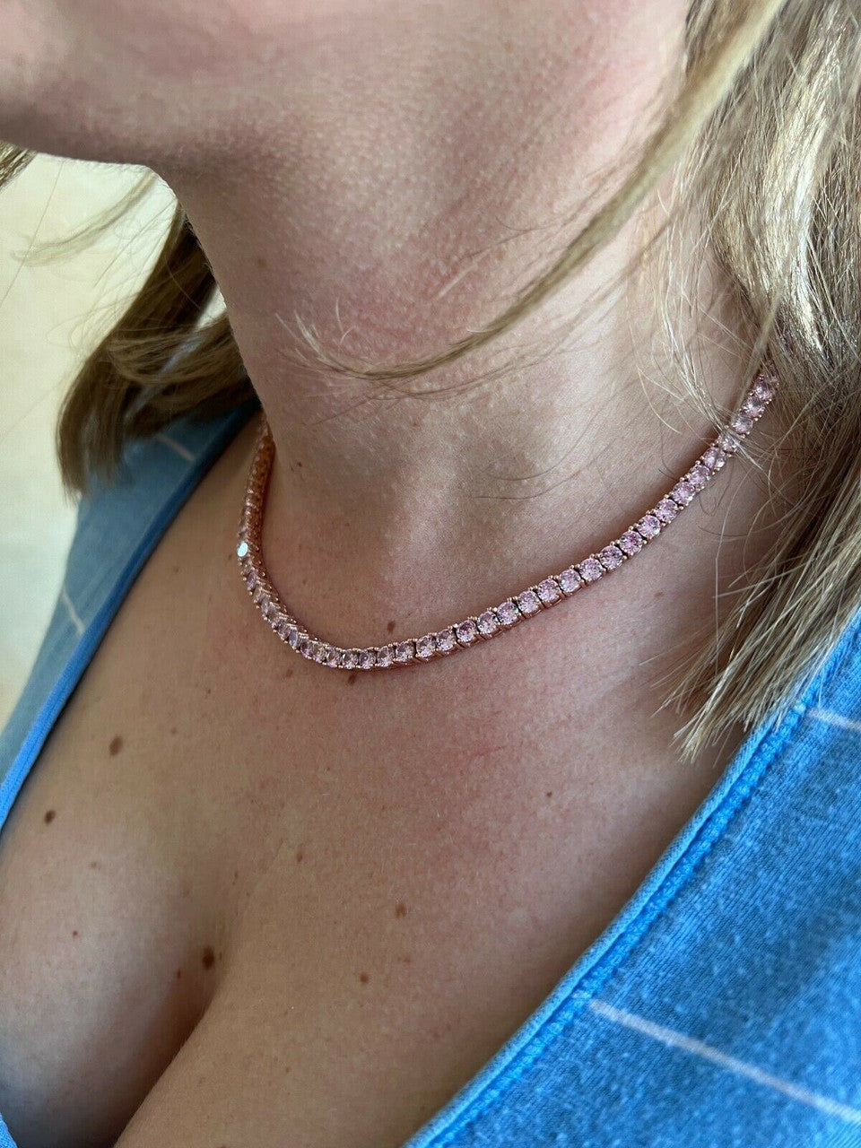 Tennis Chain Necklace Iced Out Pink CZ Stones - 14k Rose Gold Vermeil 925 Silver - 4mm - 16"-28"