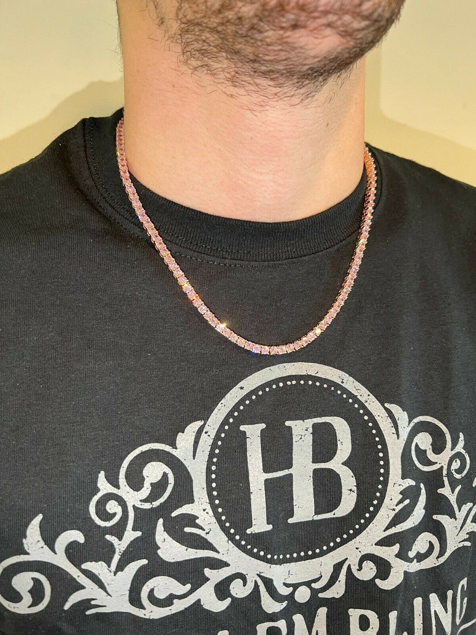 Tennis Chain Necklace Iced Out Pink CZ Stones - 14k Rose Gold Vermeil 925 Silver - 4mm - 16"-28"