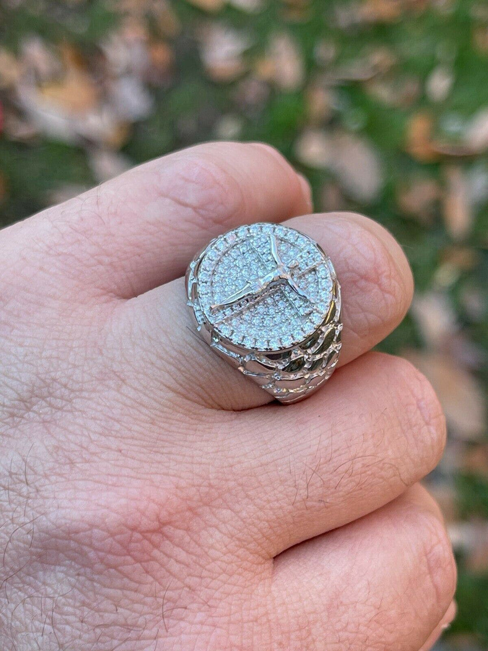 Moissanite Jesus On Cross Nugget Ring - 925 Silver