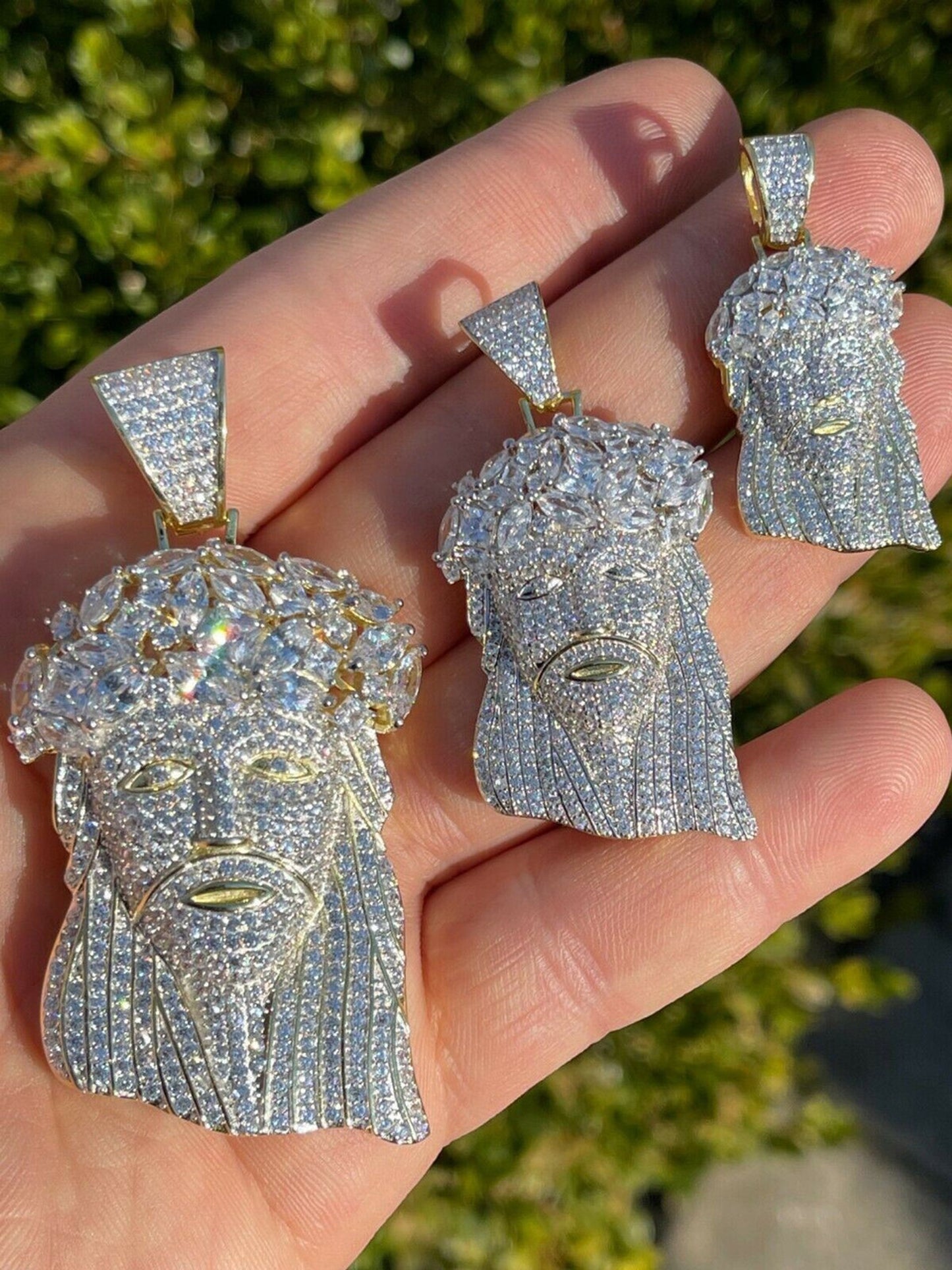 HipHop 14k Gold & 925 Sterling Silver Two Tone Baguette Jesus Piece Pendant Iced