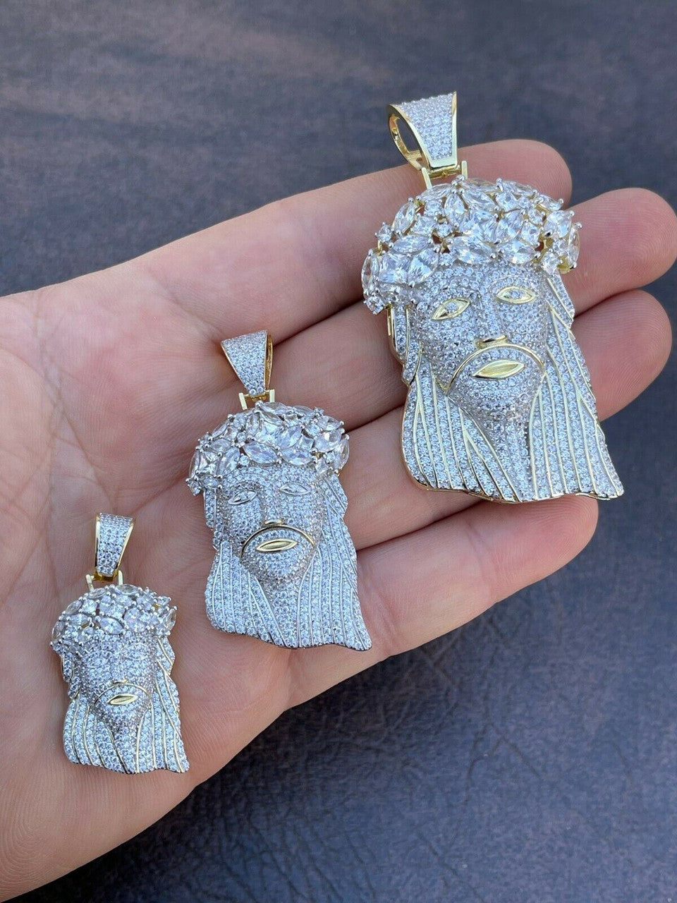 HipHop 14k Gold & 925 Sterling Silver Two Tone Baguette Jesus Piece Pendant Iced