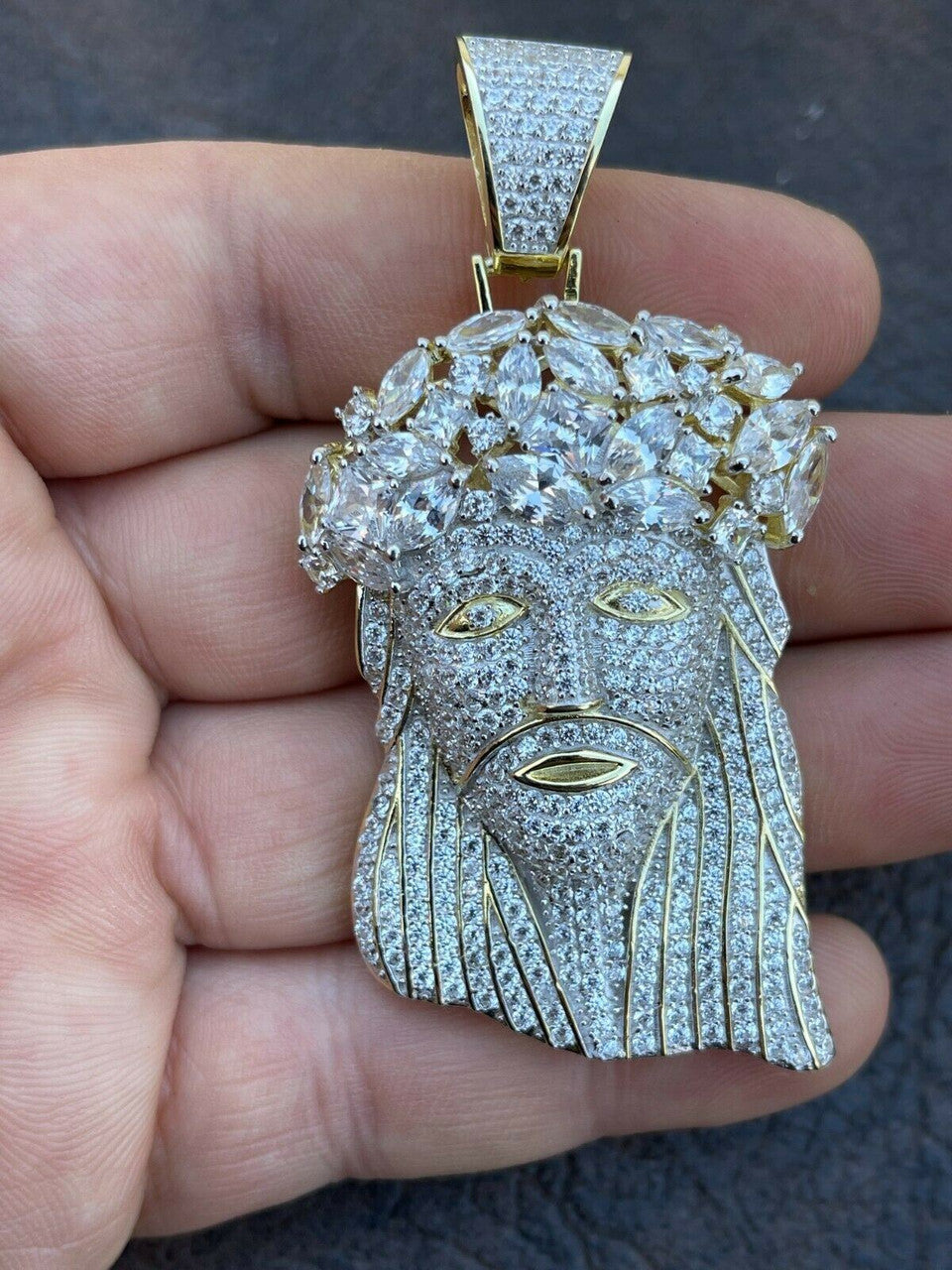 HipHop 14k Gold & 925 Sterling Silver Two Tone Baguette Jesus Piece Pendant Iced