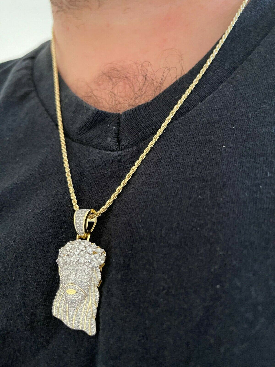 HipHop 14k Gold & 925 Sterling Silver Two Tone Baguette Jesus Piece Pendant Iced