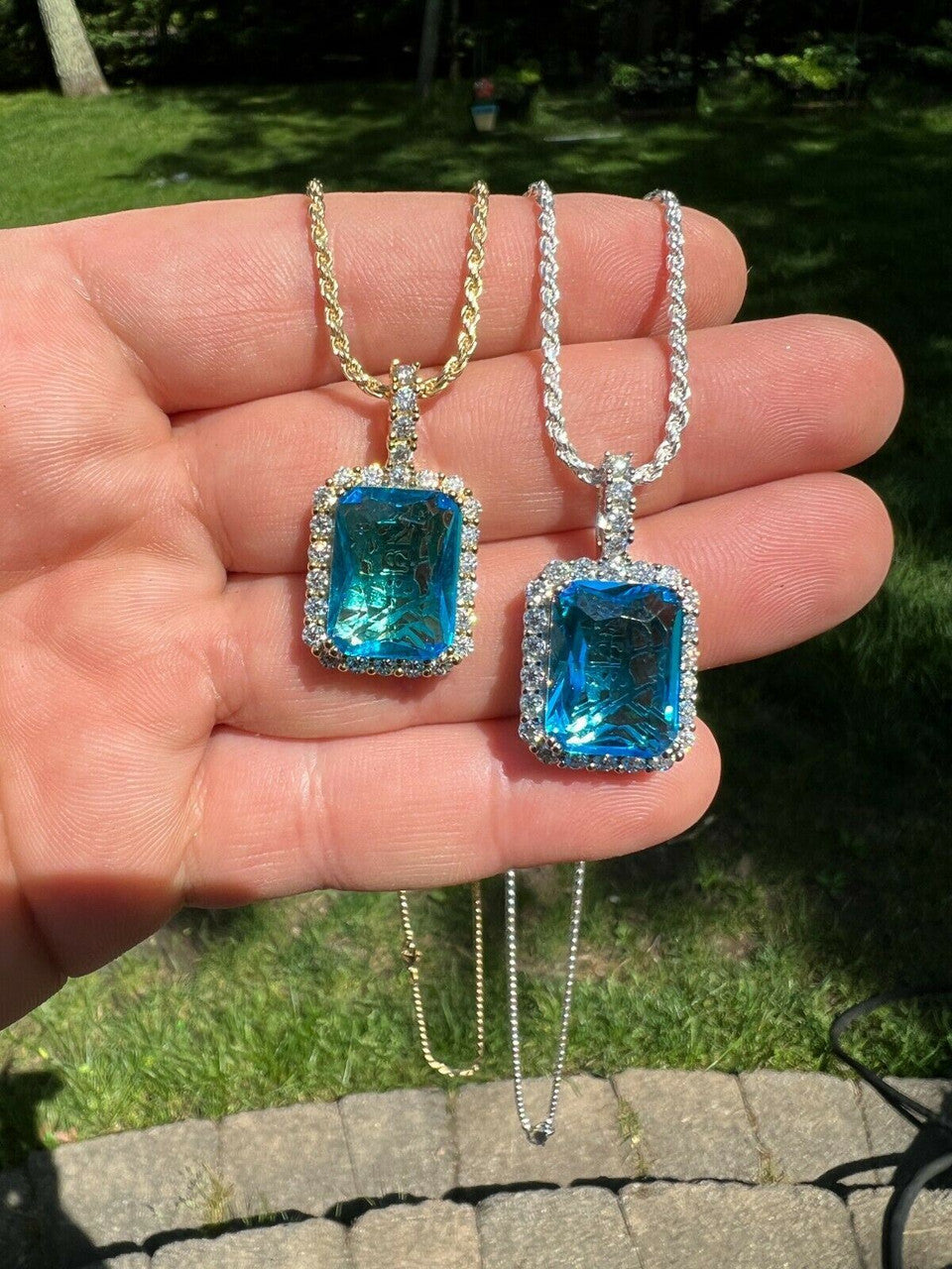Hip Hop Iced Moissanite & Blue Stone Bling Pendant Necklace Pass Diamond Test