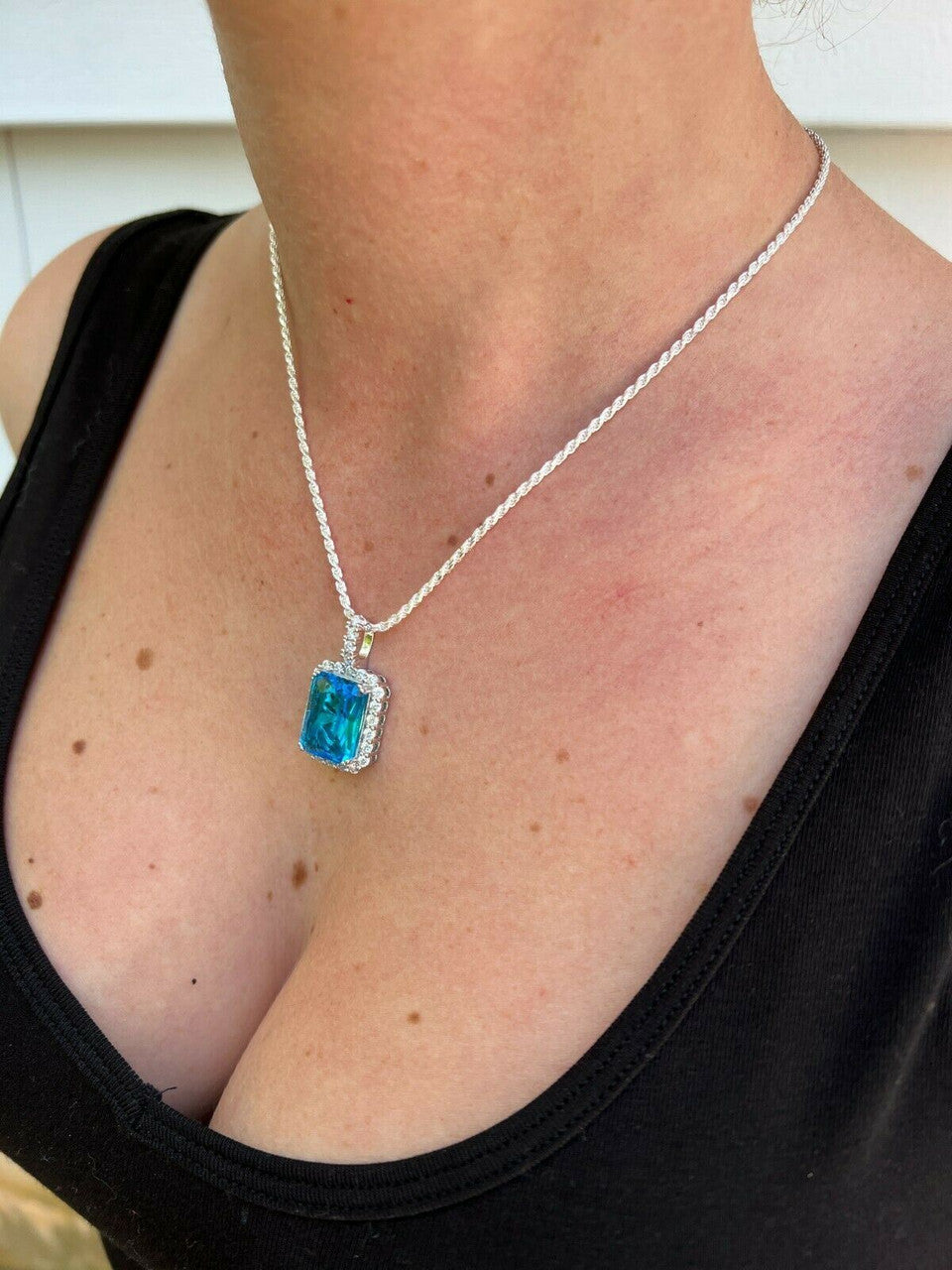 Hip Hop Iced Moissanite & Blue Stone Bling Pendant Necklace Pass Diamond Test