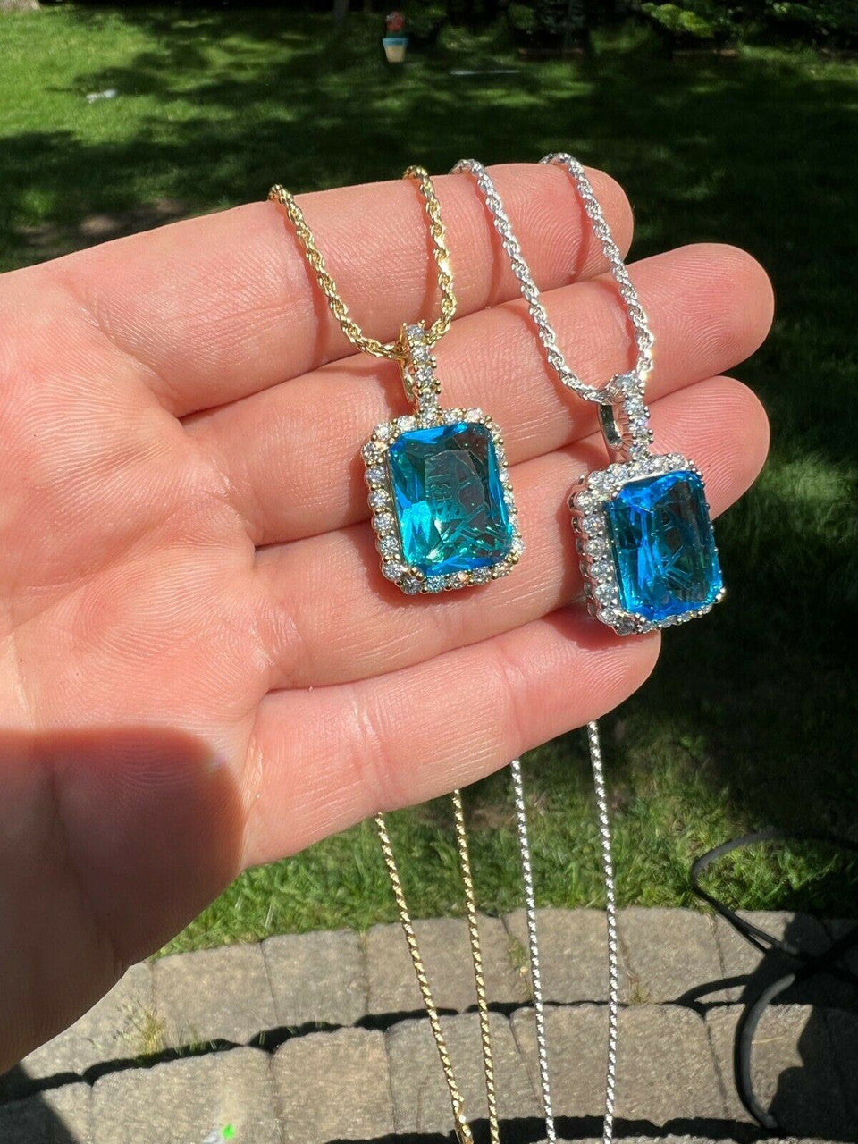 Hip Hop Iced Moissanite & Blue Stone Bling Pendant Necklace Pass Diamond Test