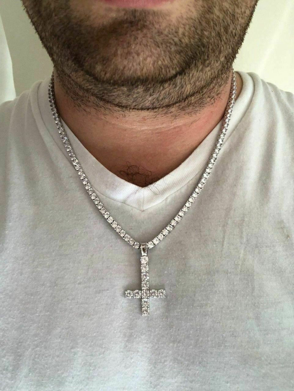 Inverted Cross Upside Down Real Solid 925 Sterling Silver Tennis Chain Diamond