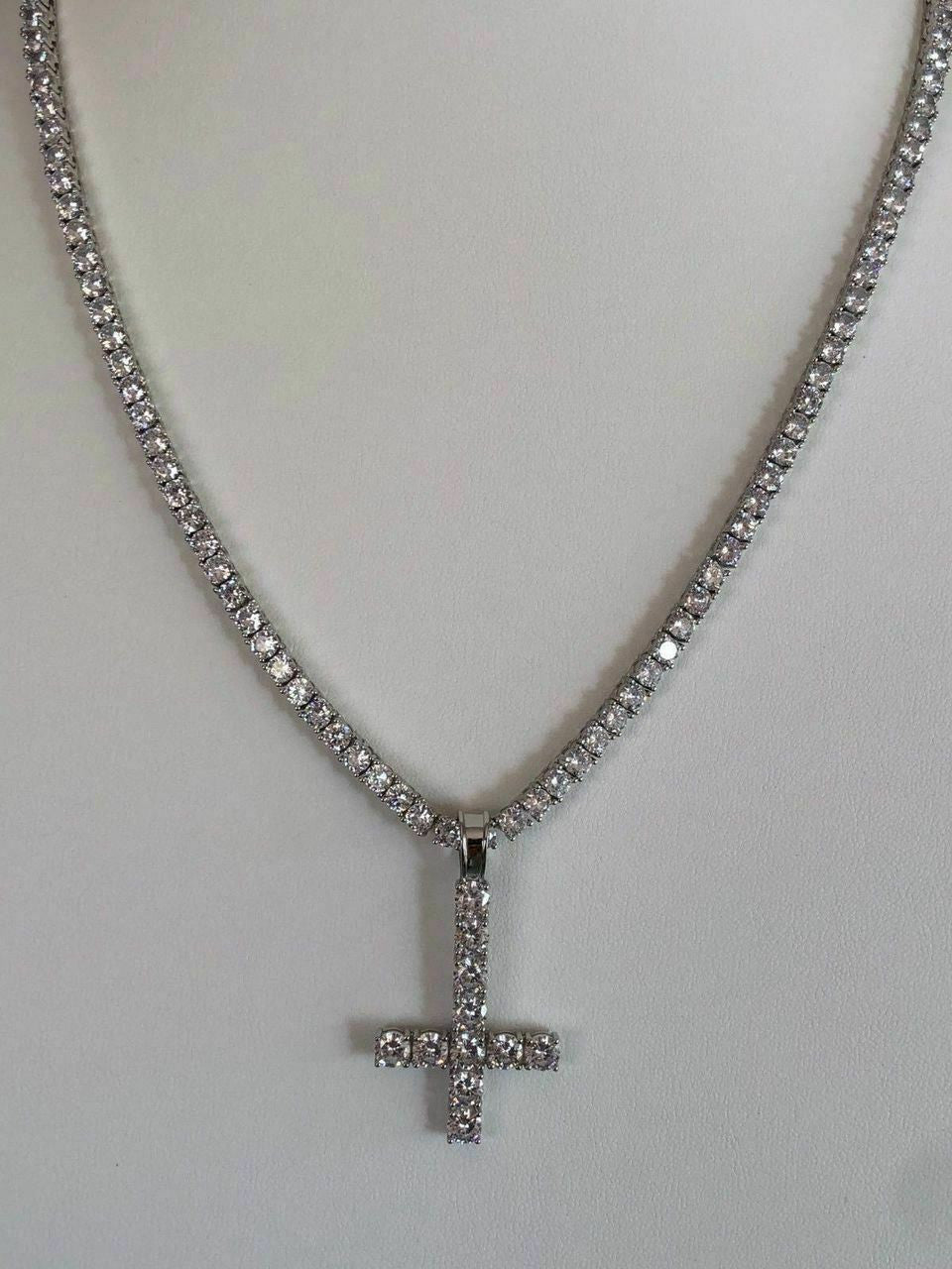 Inverted Cross Upside Down Real Solid 925 Sterling Silver Tennis Chain Diamond