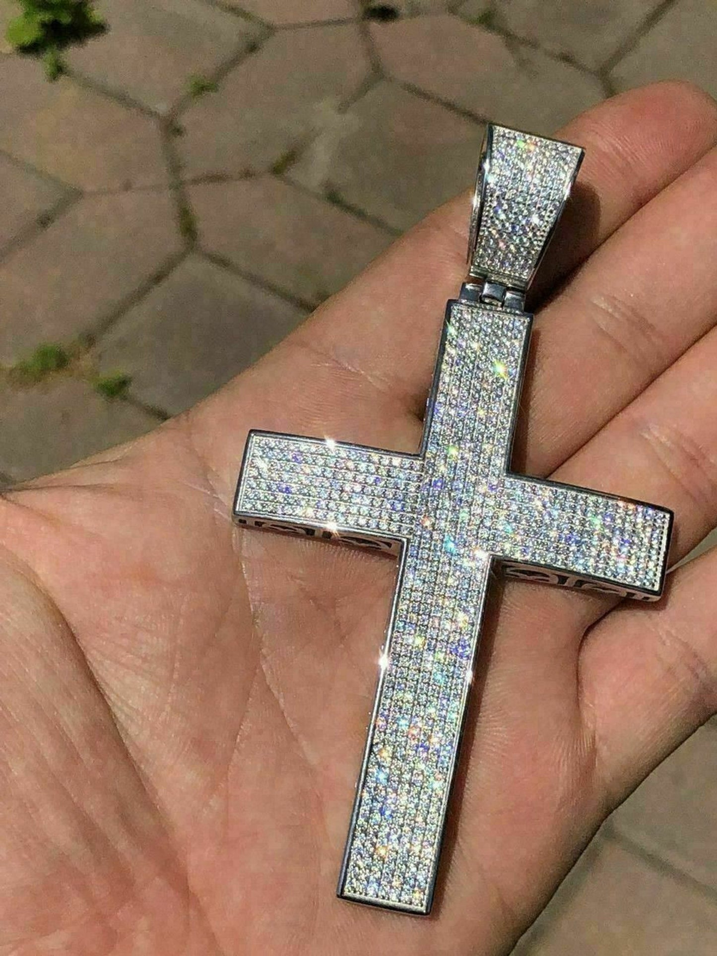 Large Solid 925 Silver Mens Cross 5ct Diamonds 3.25” BIG Hip Hop Pendant Jesus