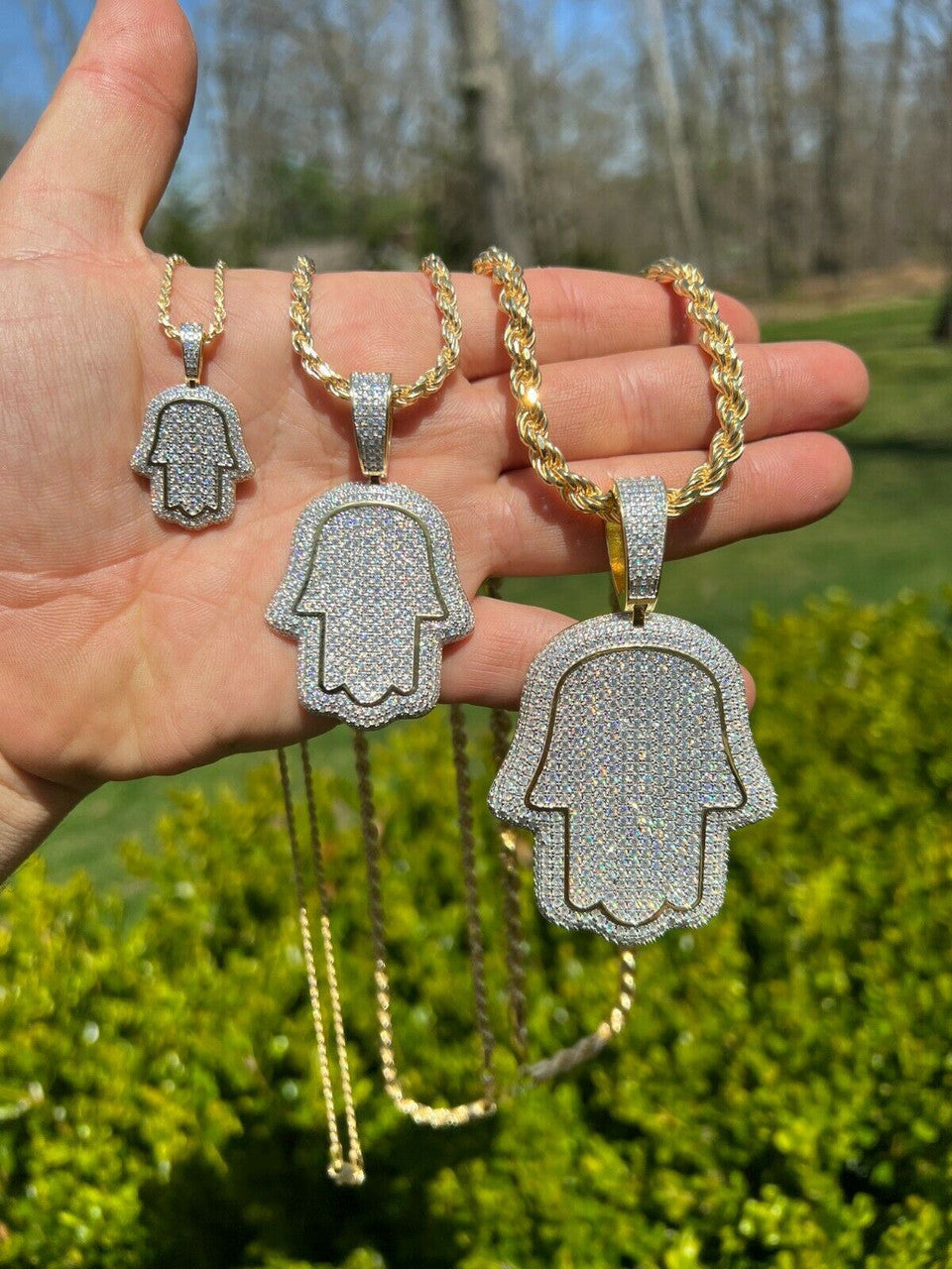 MOISSANITE 14k Gold Vermeil Hip Hop Hamsa Hand Iced Pendant Pass Diamond Tester