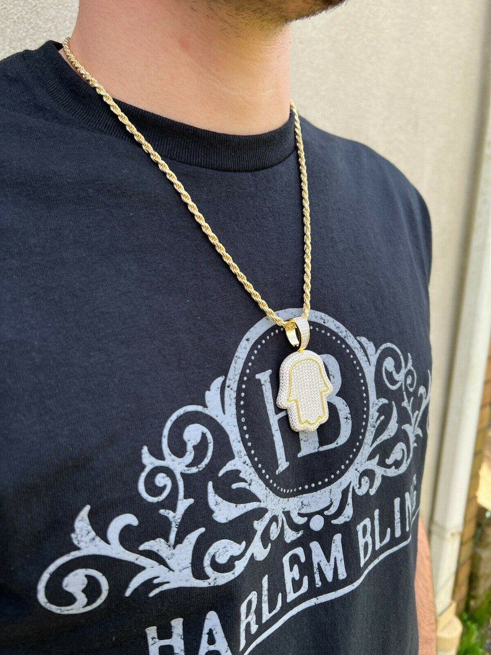 MOISSANITE 14k Gold Vermeil Hip Hop Hamsa Hand Iced Pendant Pass Diamond Tester