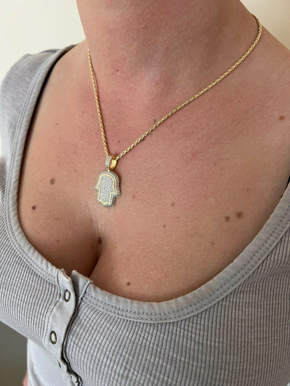 MOISSANITE 14k Gold Vermeil Hip Hop Hamsa Hand Iced Pendant Pass Diamond Tester