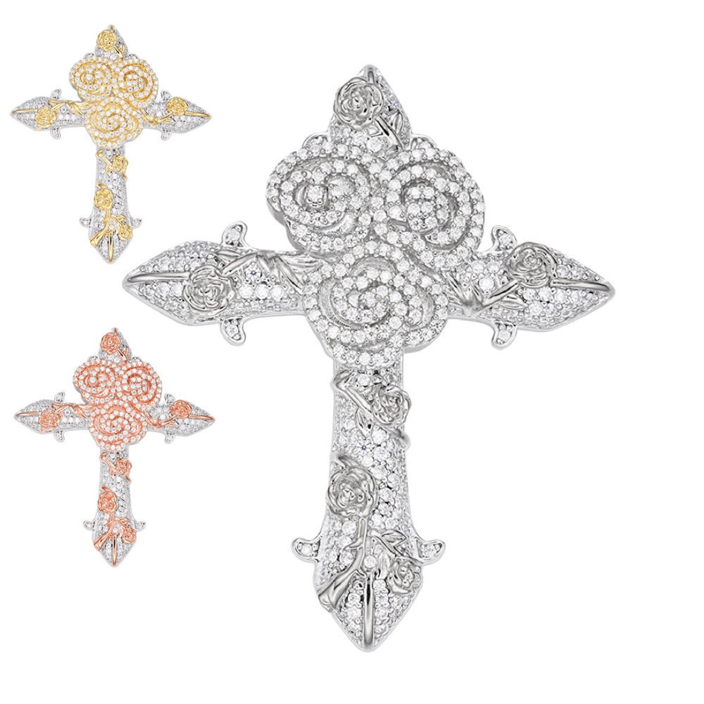 MOISSANITE Cross W. Rose Thorns Pendant Iced Necklace Real 925 Silver / 14k Gold