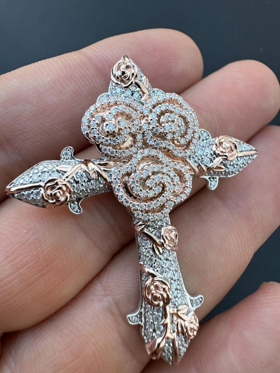 MOISSANITE Cross W. Rose Thorns Pendant Iced Necklace Real 925 Silver / 14k Gold