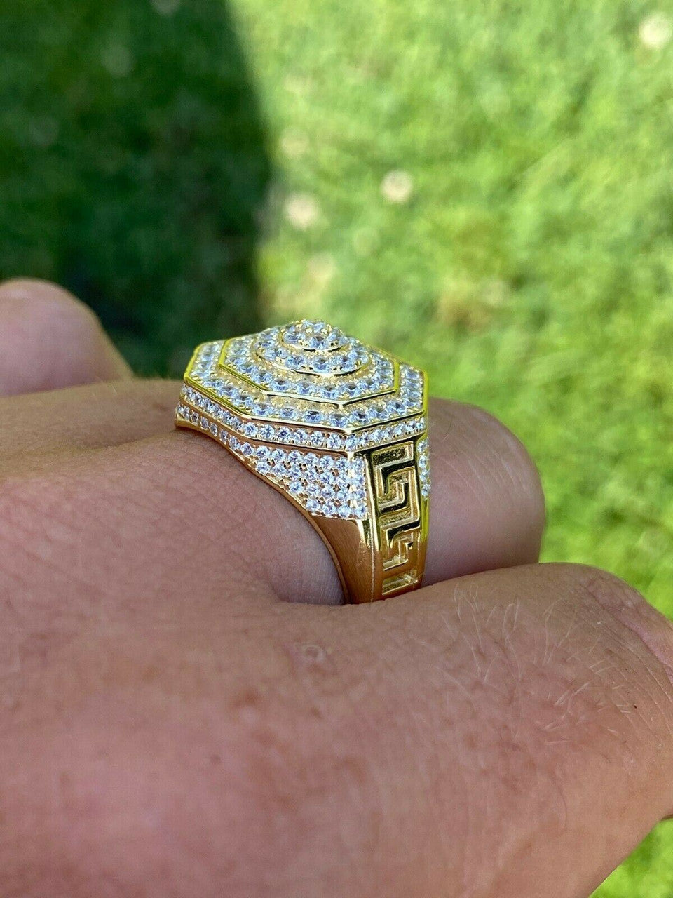 MOISSANITE Octagonal Greek Gods Iced Out Ring - 14k Gold Vermeil 925 Silver
