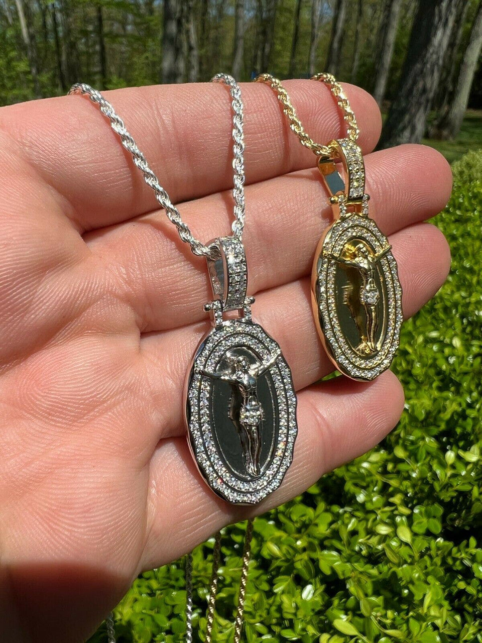 MOISSANITE Silver Gold Real Iced Jesus Oval Medallion Pendant Pass Diamond Test