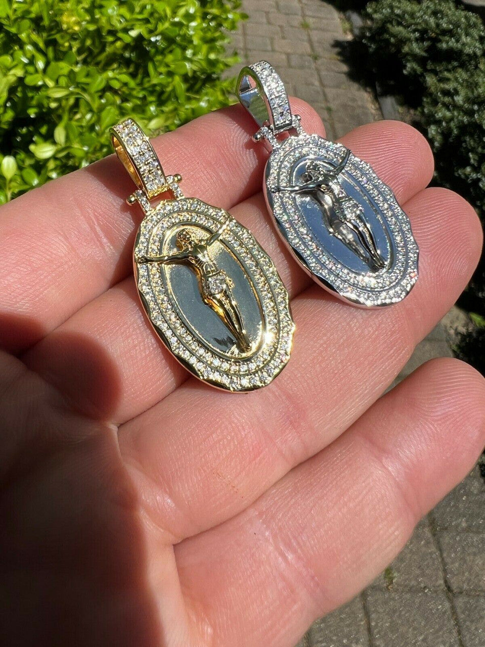 MOISSANITE Silver Gold Real Iced Jesus Oval Medallion Pendant Pass Diamond Test