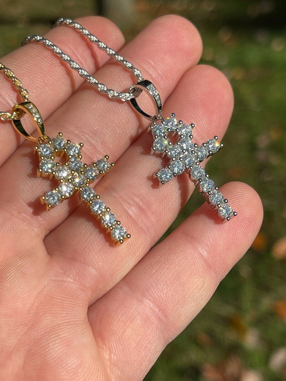 MOISSANITE Tennis Ankh Cross Pendant Iced Necklace Gold / Silver Diamond Test ✅