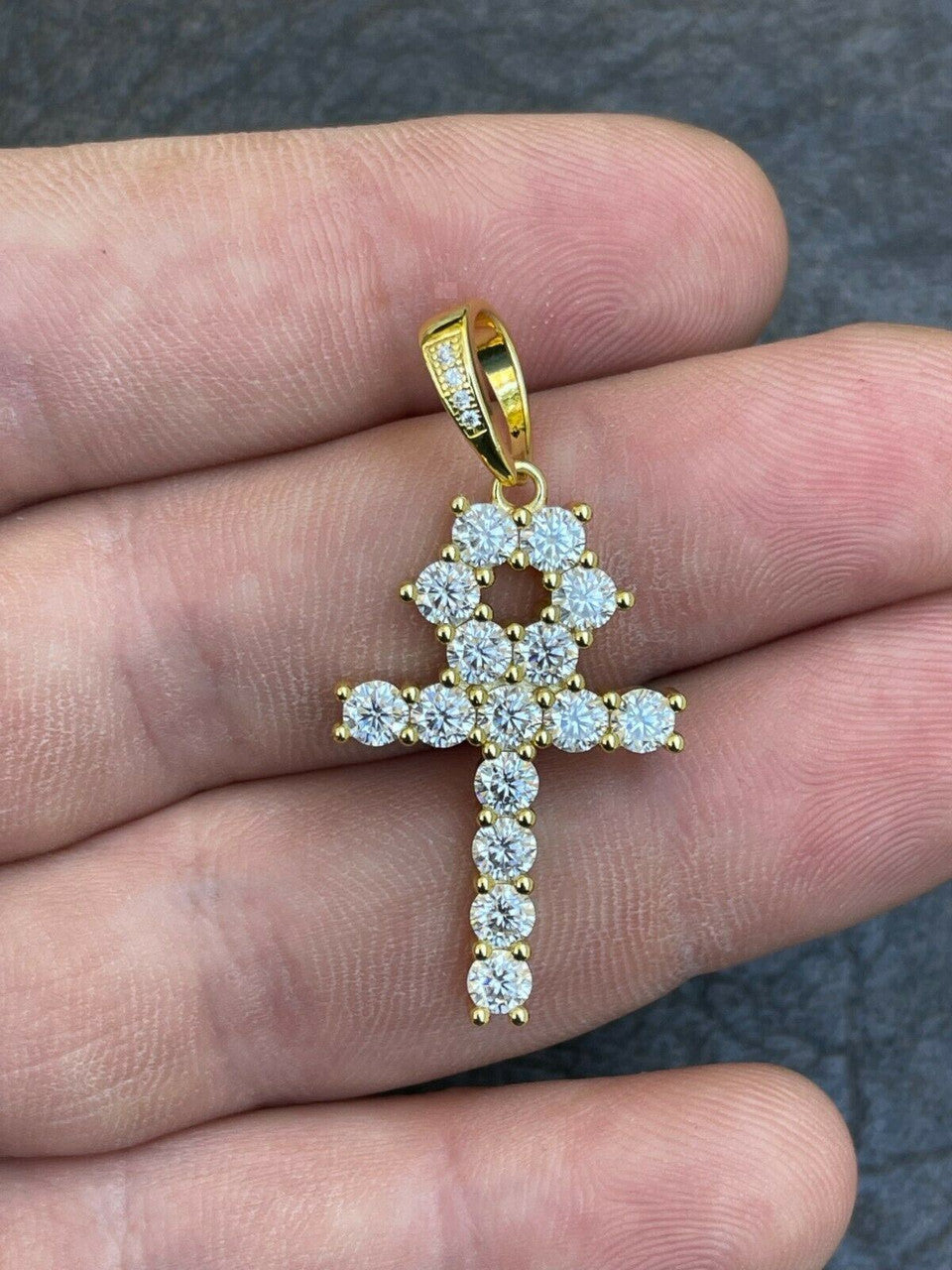MOISSANITE Tennis Ankh Cross Pendant Iced Necklace Gold / Silver Diamond Test ✅