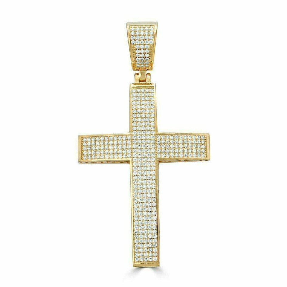 Men’s REAL 14k Yellow Gold Over Solid 925 Silver Large Cross 3ct Diamond 2x1.5”