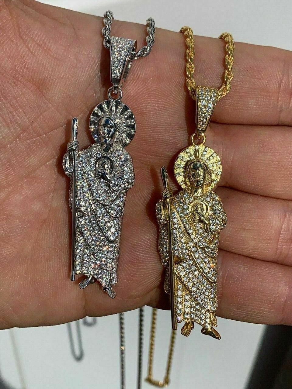Men's Solid 925 Sterling Silver St Jude San Judas Tadeo Iced Pendant Real Icy