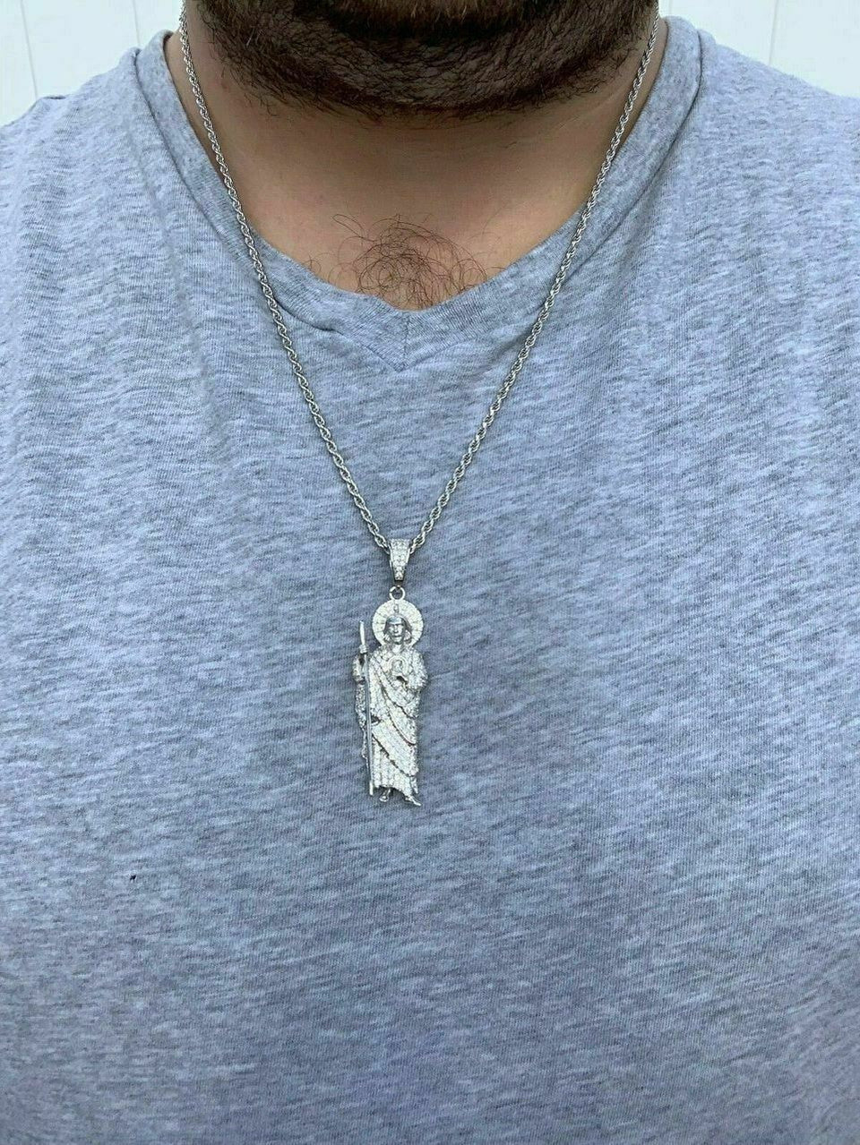 Men's Solid 925 Sterling Silver St Jude San Judas Tadeo Iced Pendant Real Icy