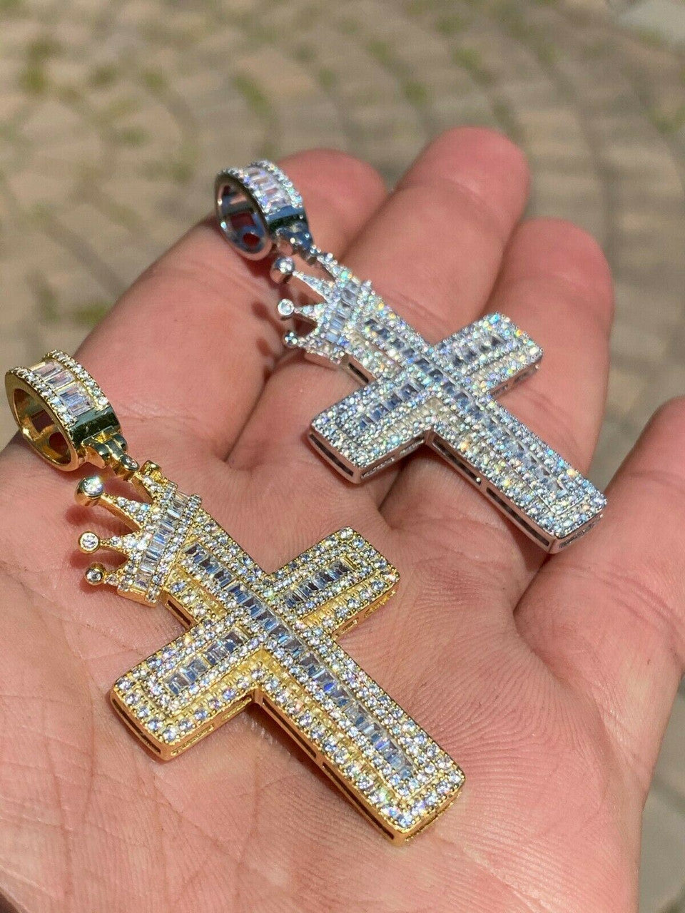 Mens 925 Sterling Baguette Diamond Cross W. King Crown Pendant Iced Gold Silver
