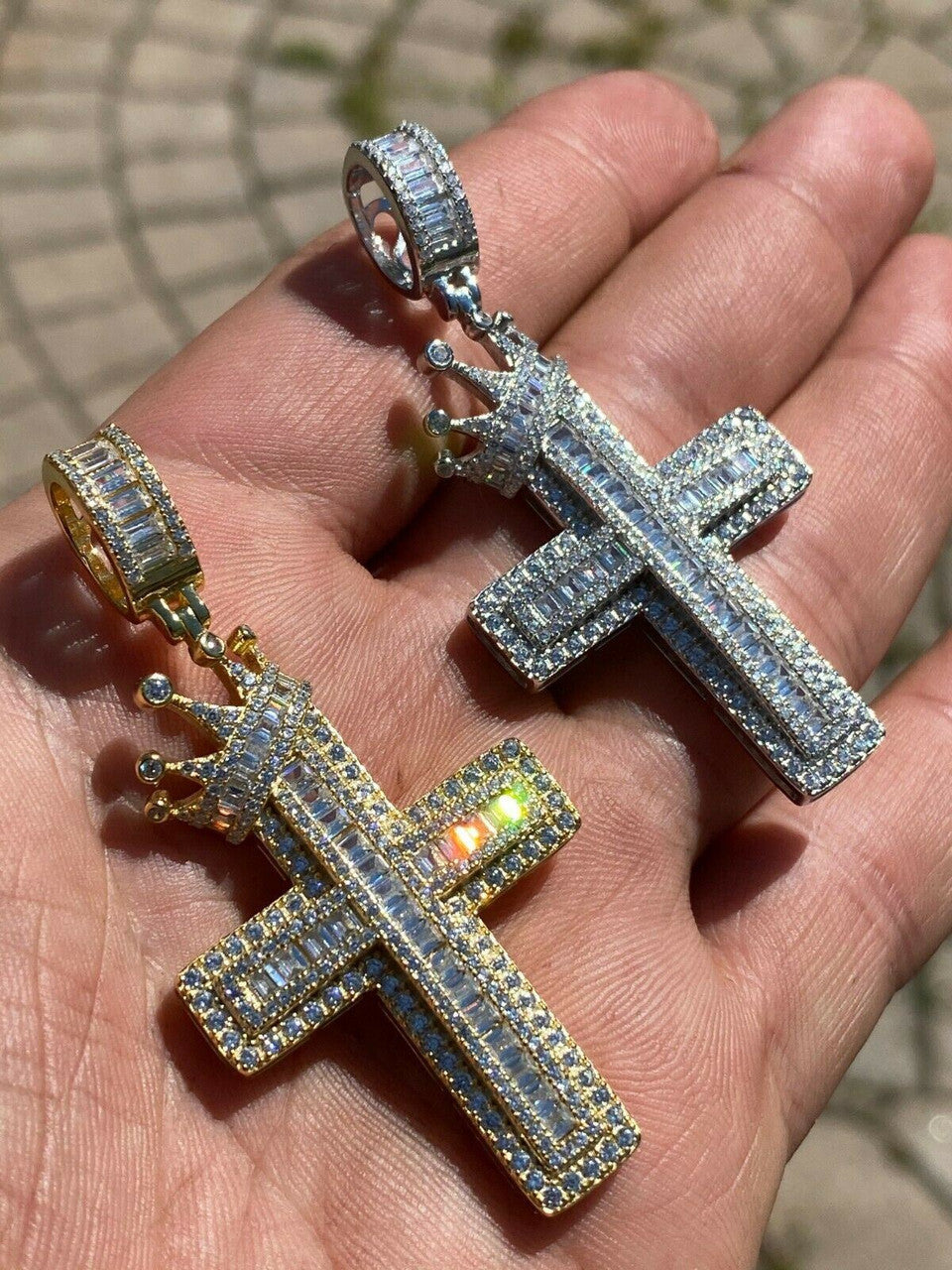 Mens 925 Sterling Baguette Diamond Cross W. King Crown Pendant Iced Gold Silver