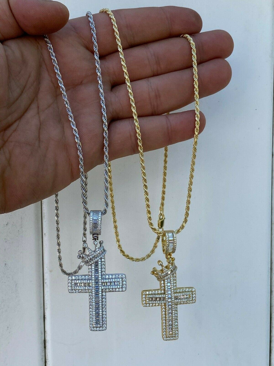 Mens 925 Sterling Baguette Diamond Cross W. King Crown Pendant Iced Gold Silver
