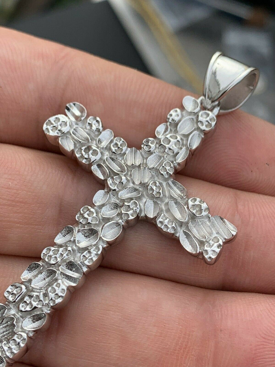 Mens Large 2.25" Solid 925 Sterling Silver Nugget Cross Pendant Crucifix Chain