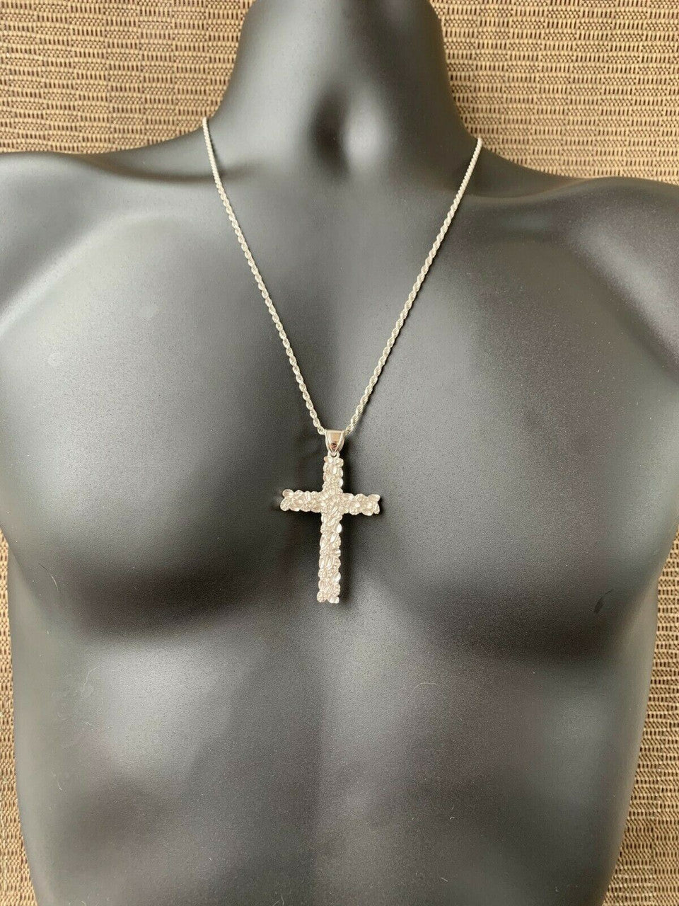 Mens Large 2.25" Solid 925 Sterling Silver Nugget Cross Pendant Crucifix Chain