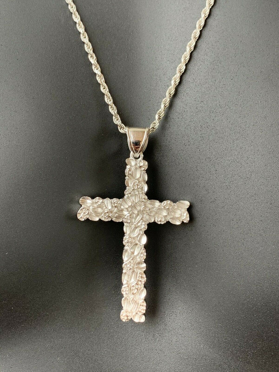Mens Large 2.25" Solid 925 Sterling Silver Nugget Cross Pendant Crucifix Chain