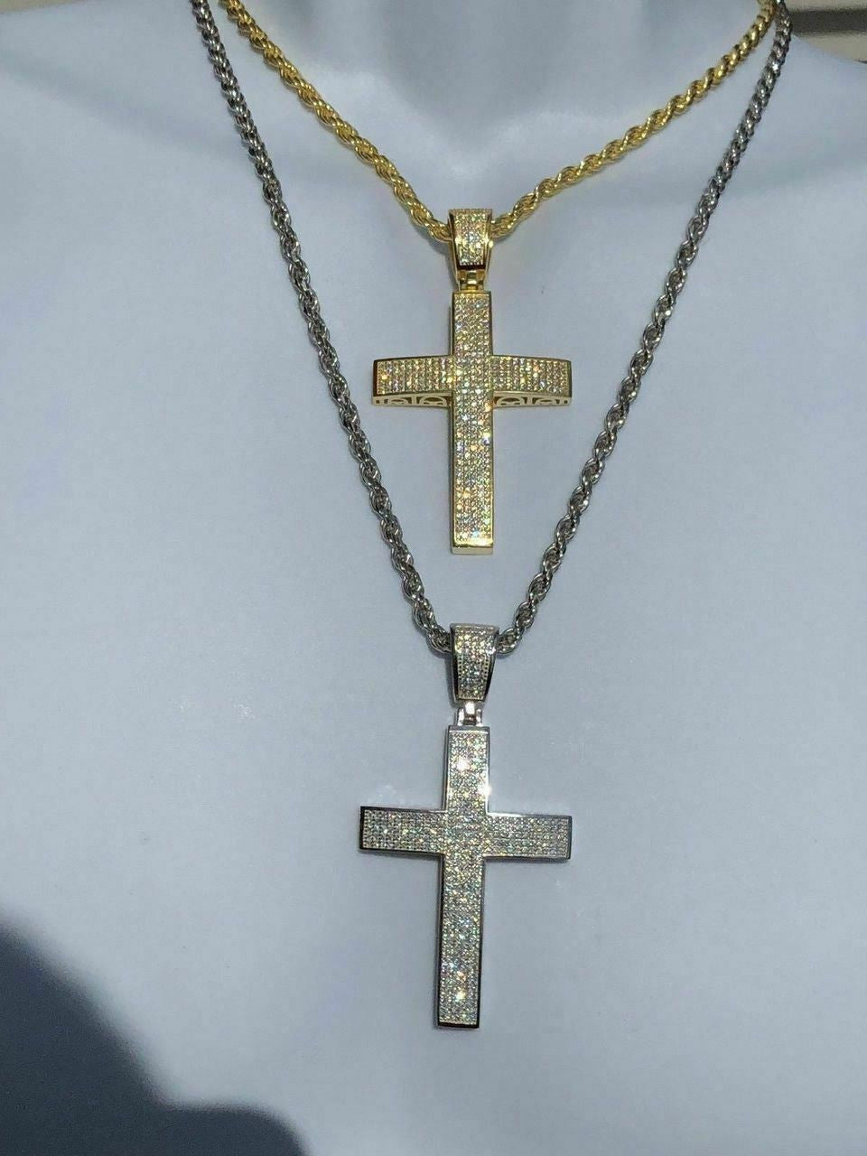 Mens Solid 925 Silver Cross Pendant Real ICED 3ct Diamond 14k Gold W. Rope Chain