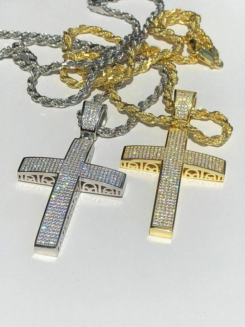 Mens Solid 925 Silver Cross Pendant Real ICED 3ct Diamond 14k Gold W. Rope Chain