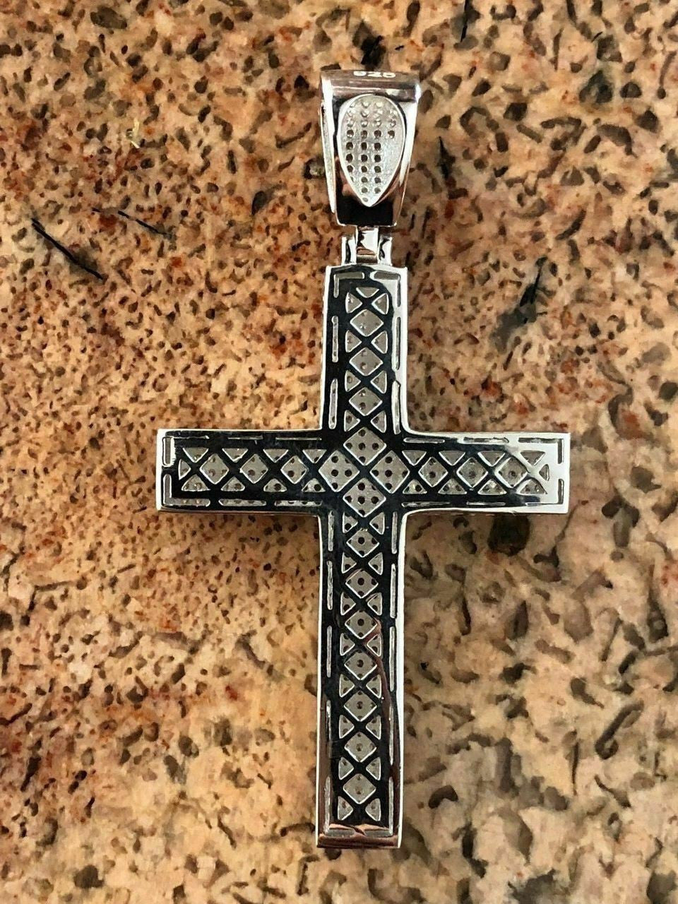 Mens Solid 925 Silver Cross Pendant Real ICED 3ct Diamond 14k Gold W. Rope Chain