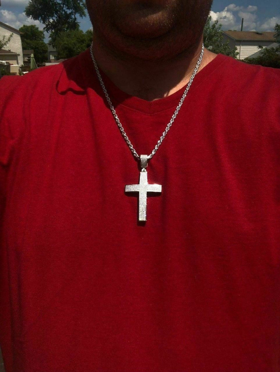 Mens Solid 925 Silver Cross Pendant Real ICED 3ct Diamond 14k Gold W. Rope Chain