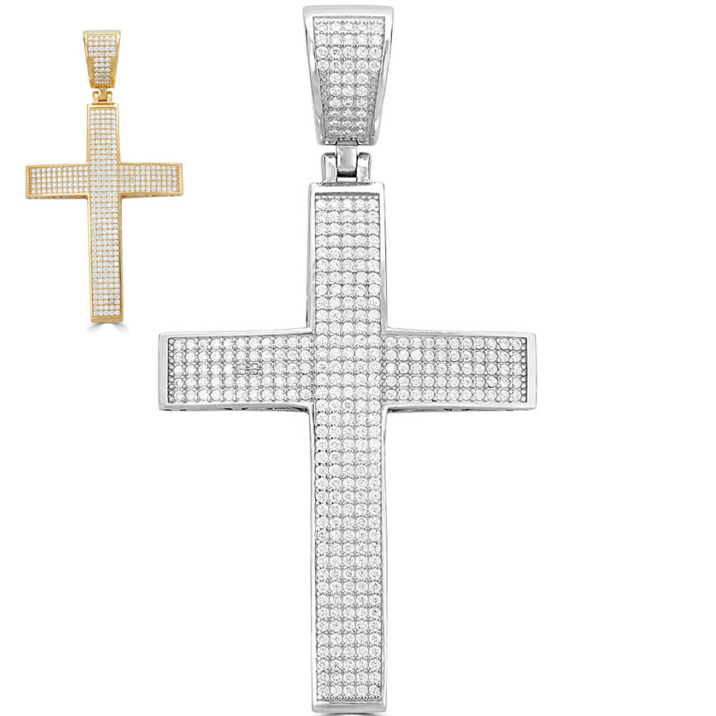 Mens Solid 925 Silver Cross Pendant Real ICED 3ct Diamond 14k Gold W. Rope Chain