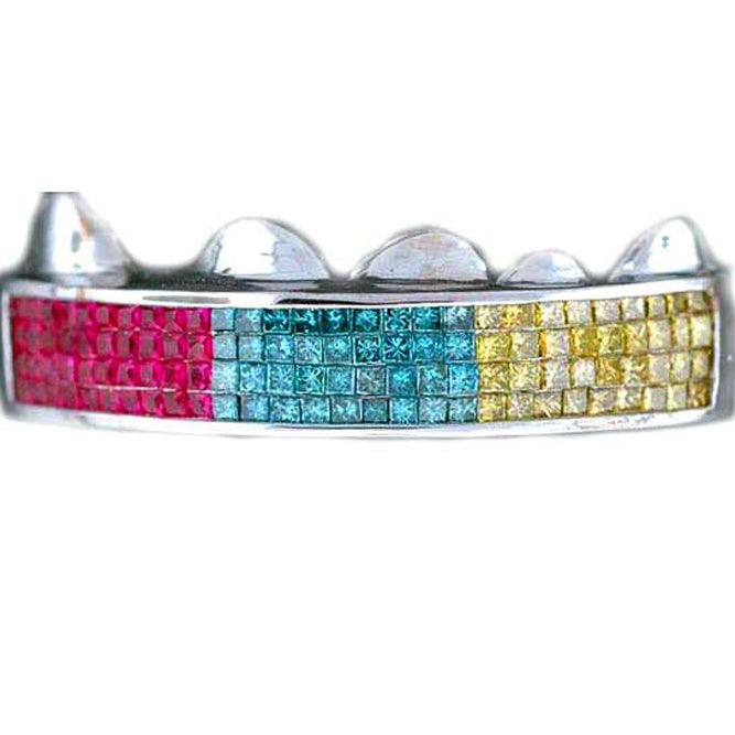 PRINCESS CUT YELLOW, RED RUBY & BLUE DIAMONDS SET IN